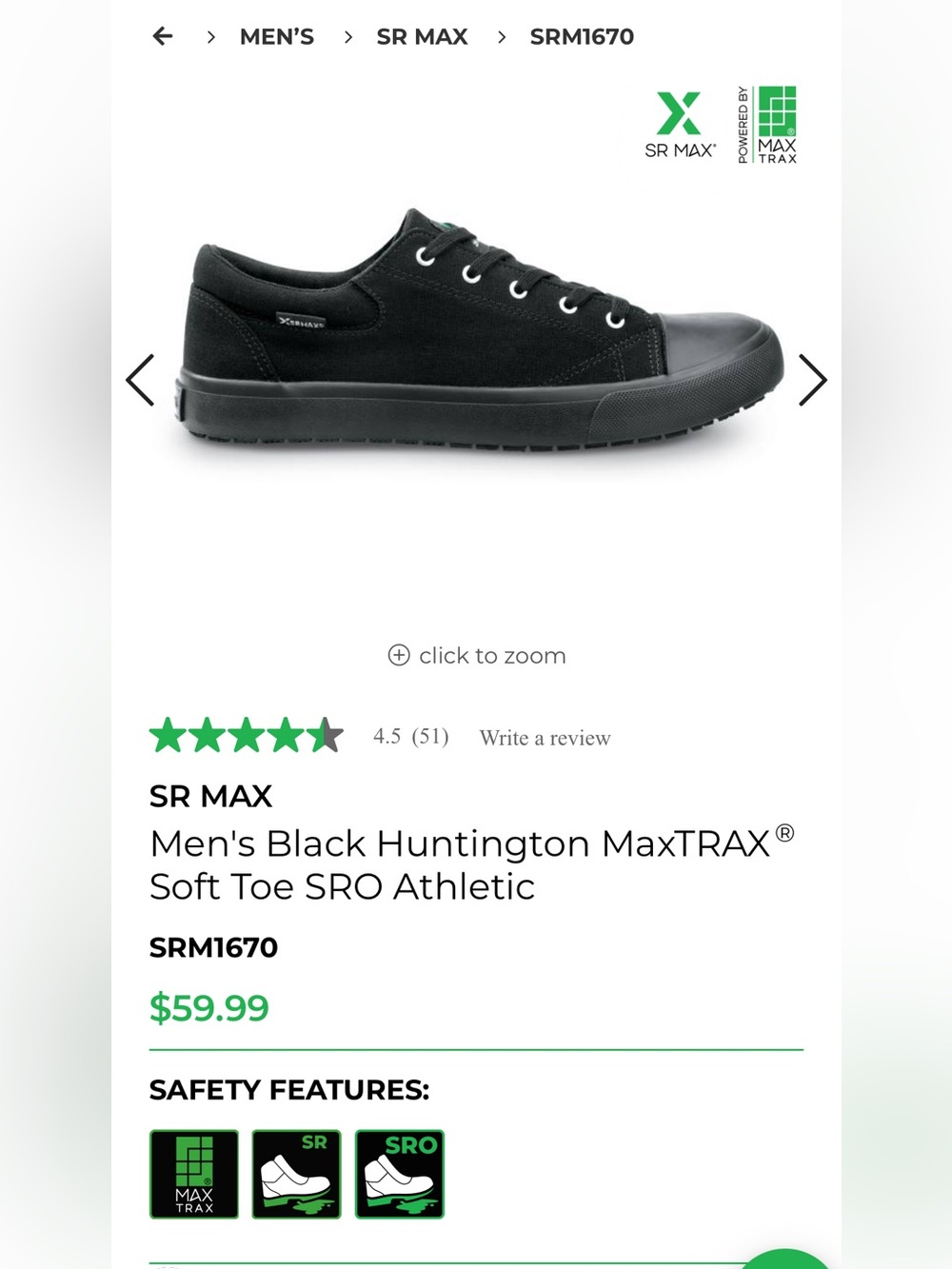 Men's Black Huntington MaxTRAX® Soft Toe SRO Athletic